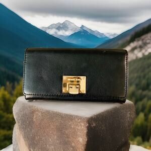 Michael Kors MK Gold lock Black Leather Channing Carry All Wallet